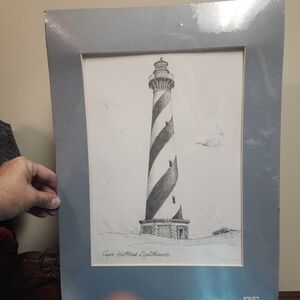 Cape Hatteras Lighthouse Drawing in Blue Frame